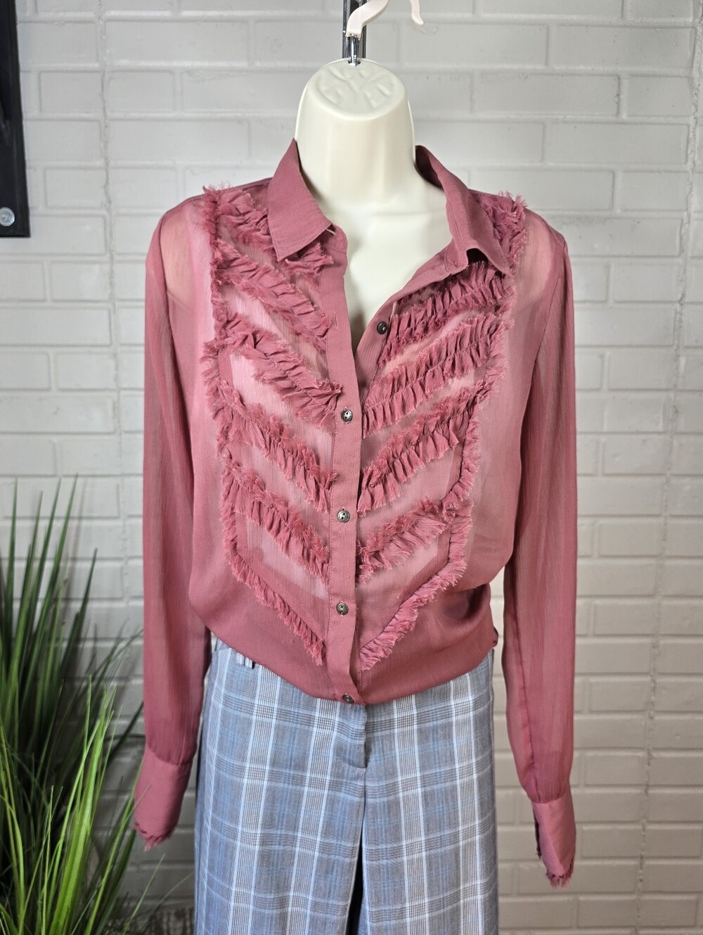 Free People Dusty Rose Ruffled Fringe Bust Button Down Shirt Small